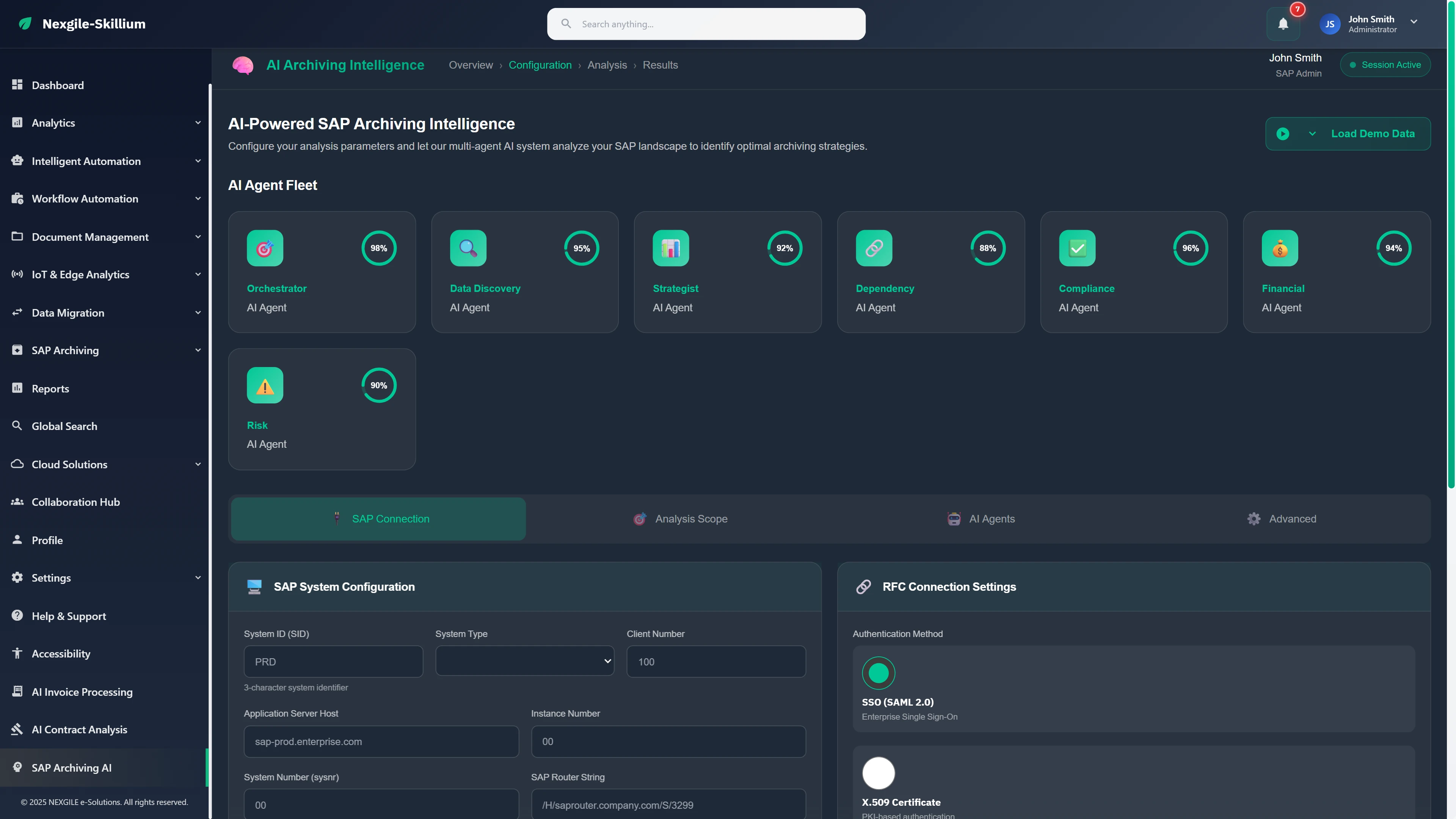 SAP Configuration & Agent Fleet - 7 specialized AI agents with performance scores and SAP system connection settings